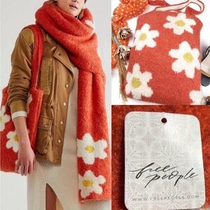 New Free People Sherpa Fleece Scarf & Tote Set Orange Poppy Floral Print…